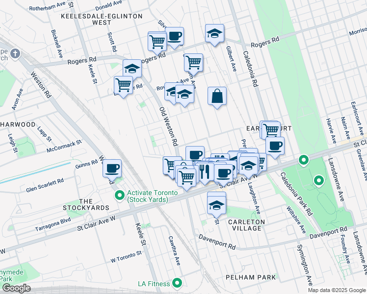 map of restaurants, bars, coffee shops, grocery stores, and more near 115 Rockwell Avenue in Toronto