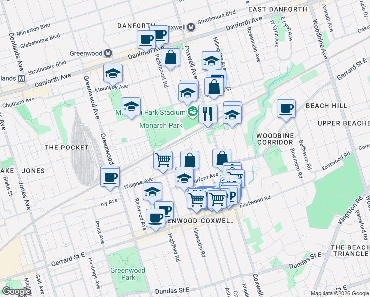 map of restaurants, bars, coffee shops, grocery stores, and more near 459 Ashdale Avenue in Toronto