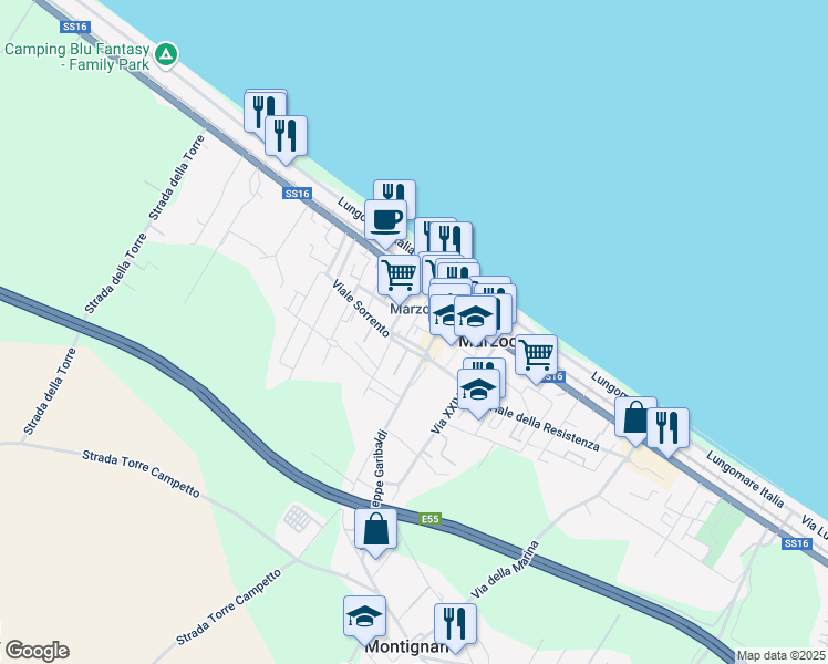 map of restaurants, bars, coffee shops, grocery stores, and more near 4 Piazza Amalfi in Montignano-marzocca