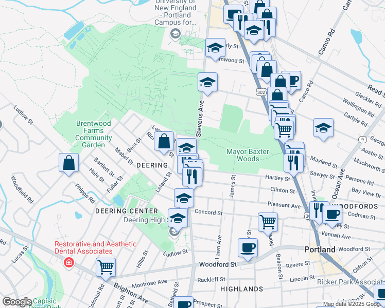 map of restaurants, bars, coffee shops, grocery stores, and more near 533 Stevens Avenue in Portland