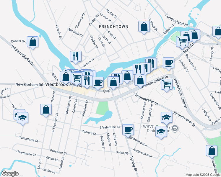 map of restaurants, bars, coffee shops, grocery stores, and more near 19 Ash Street in Westbrook