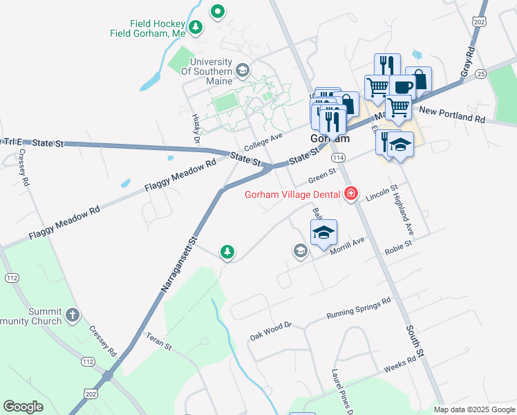 map of restaurants, bars, coffee shops, grocery stores, and more near 3 Fall Lane in Gorham