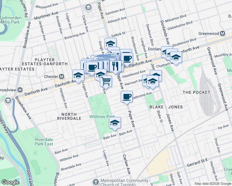 map of restaurants, bars, coffee shops, grocery stores, and more near in Toronto
