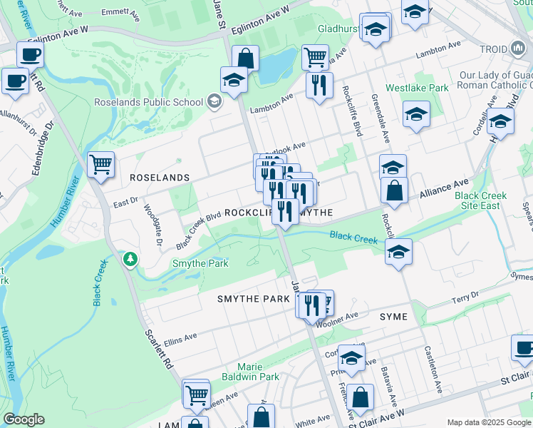 map of restaurants, bars, coffee shops, grocery stores, and more near in Toronto