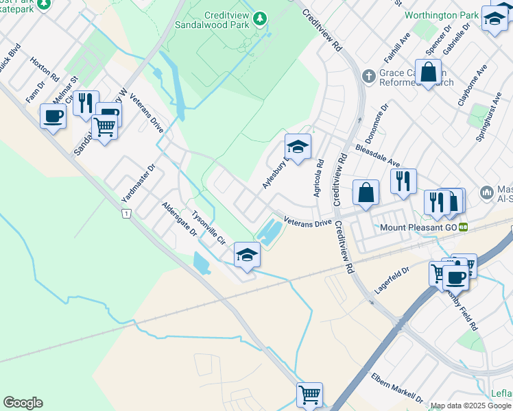 map of restaurants, bars, coffee shops, grocery stores, and more near 64 Veterans Drive in Brampton