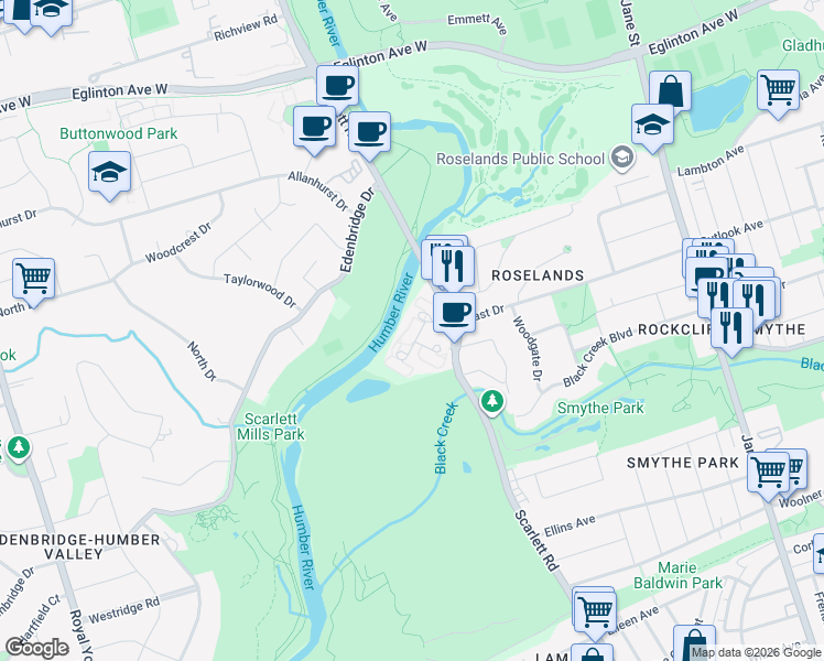 map of restaurants, bars, coffee shops, grocery stores, and more near 260 Scarlett Road in Toronto