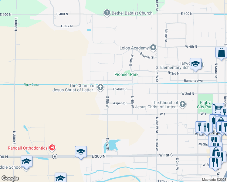 map of restaurants, bars, coffee shops, grocery stores, and more near 596 Foxhill Drive in Rigby