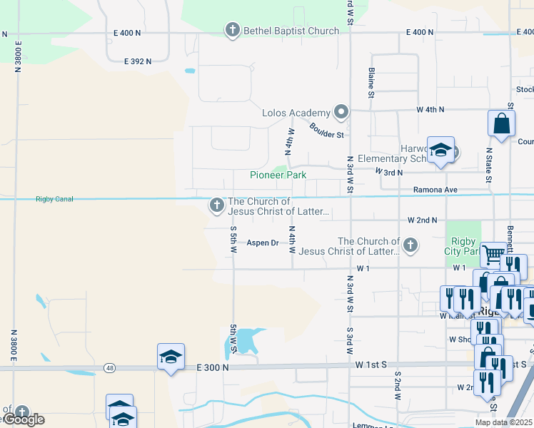 map of restaurants, bars, coffee shops, grocery stores, and more near 553 Foxhill Drive in Rigby