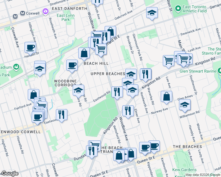 map of restaurants, bars, coffee shops, grocery stores, and more near 574 Woodbine Avenue in Toronto
