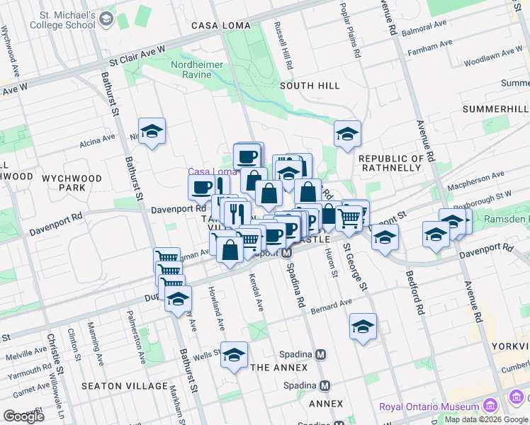 map of restaurants, bars, coffee shops, grocery stores, and more near 252 Spadina Road in Toronto
