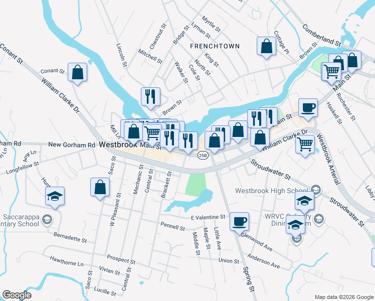 map of restaurants, bars, coffee shops, grocery stores, and more near 10 Ash Street in Westbrook