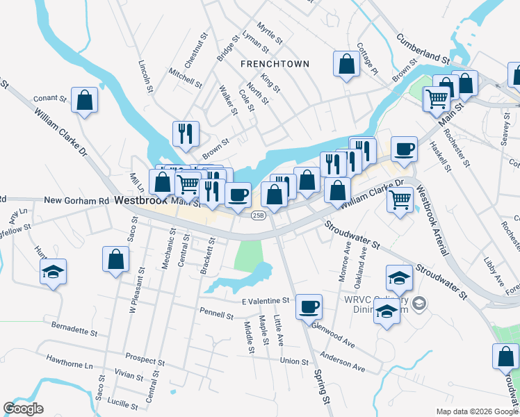 map of restaurants, bars, coffee shops, grocery stores, and more near 795 Main Street in Westbrook