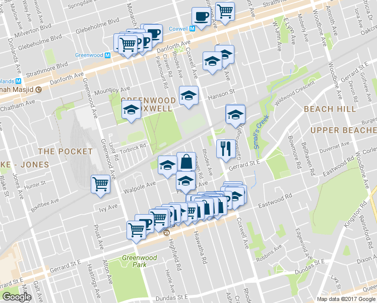 map of restaurants, bars, coffee shops, grocery stores, and more near 459 Ashdale Avenue in Toronto