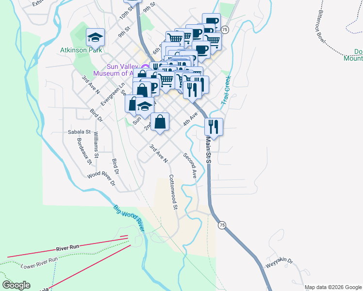 map of restaurants, bars, coffee shops, grocery stores, and more near 260 2nd Avenue South in Ketchum