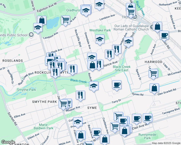 map of restaurants, bars, coffee shops, grocery stores, and more near 501 Alliance Avenue in Toronto