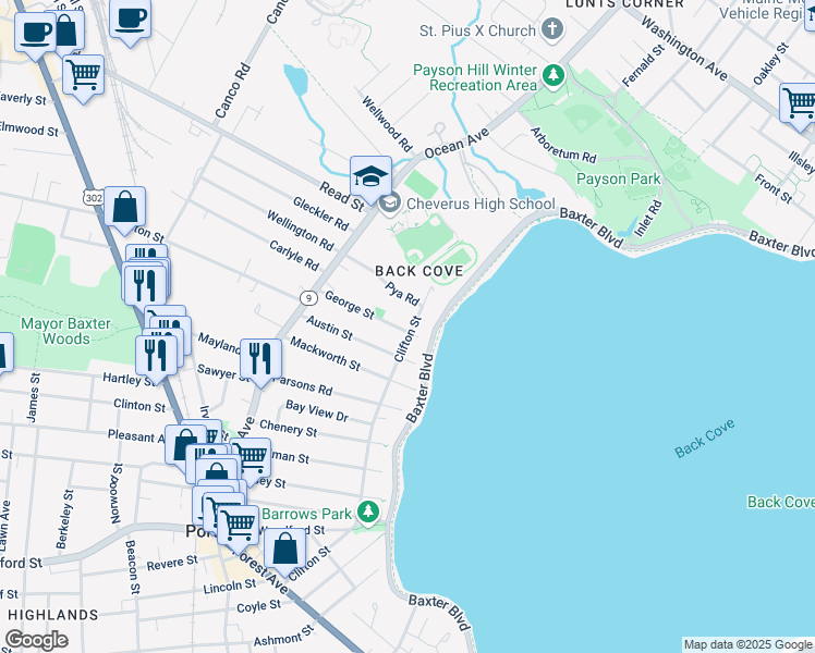 map of restaurants, bars, coffee shops, grocery stores, and more near 82 Garsoe Drive in Portland