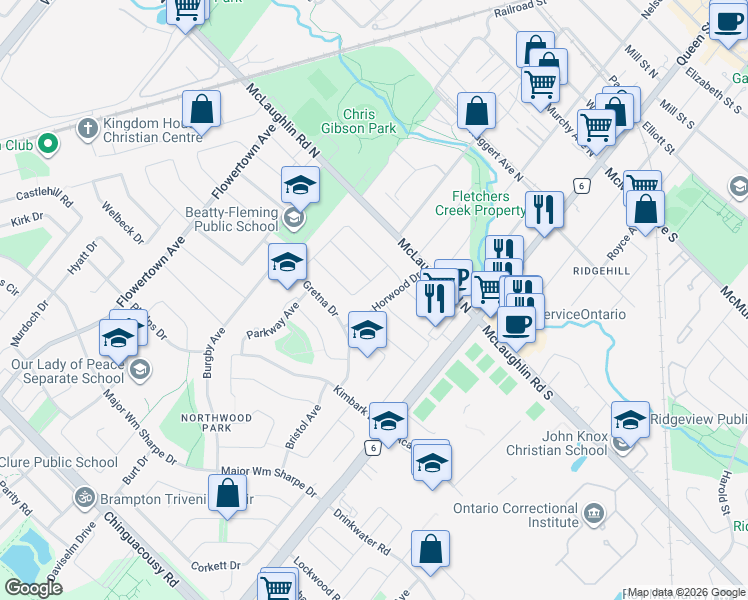 map of restaurants, bars, coffee shops, grocery stores, and more near 18 Horwood Drive in Brampton