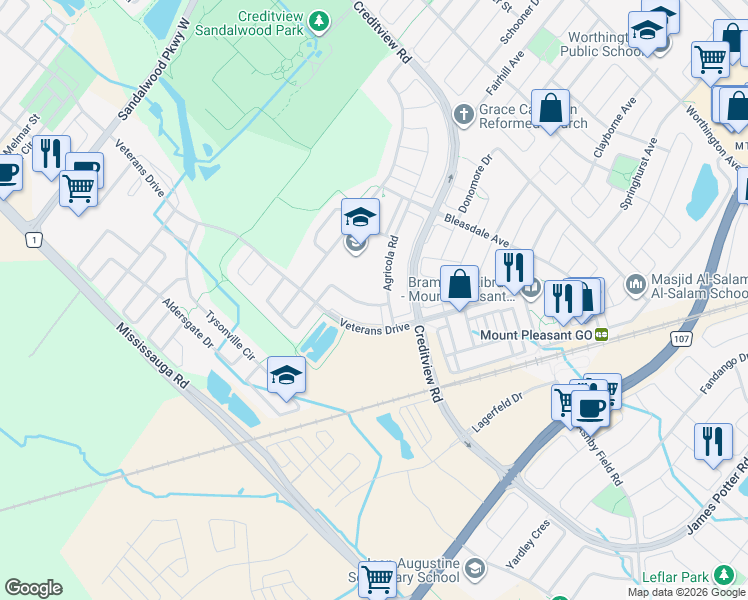 map of restaurants, bars, coffee shops, grocery stores, and more near 5 Arkwright Drive in Brampton