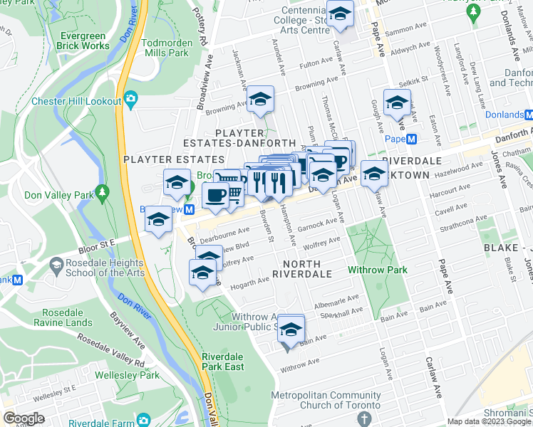 map of restaurants, bars, coffee shops, grocery stores, and more near 57 Bowden Street in Toronto