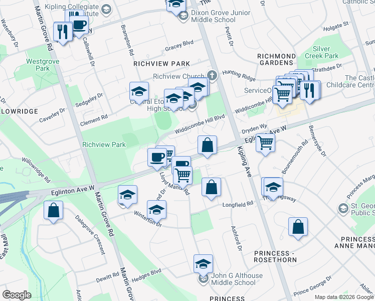 map of restaurants, bars, coffee shops, grocery stores, and more near Pony Farm Drive in Toronto