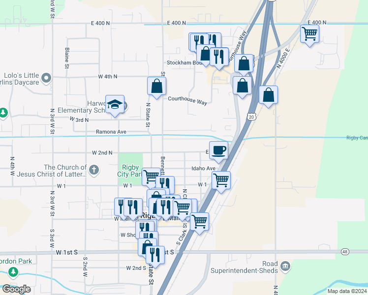 map of restaurants, bars, coffee shops, grocery stores, and more near 195 East 2nd North in Rigby
