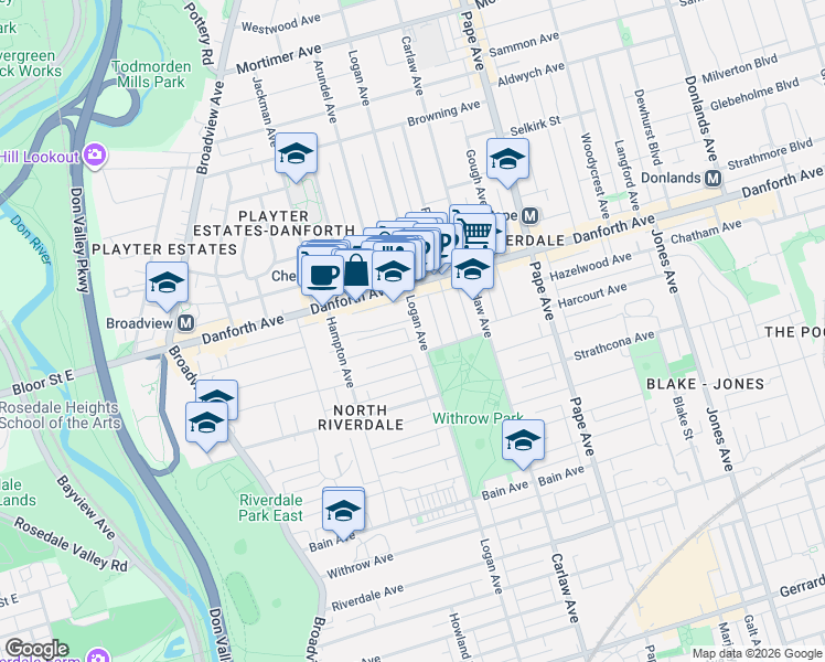 map of restaurants, bars, coffee shops, grocery stores, and more near 816 Logan Avenue in Toronto