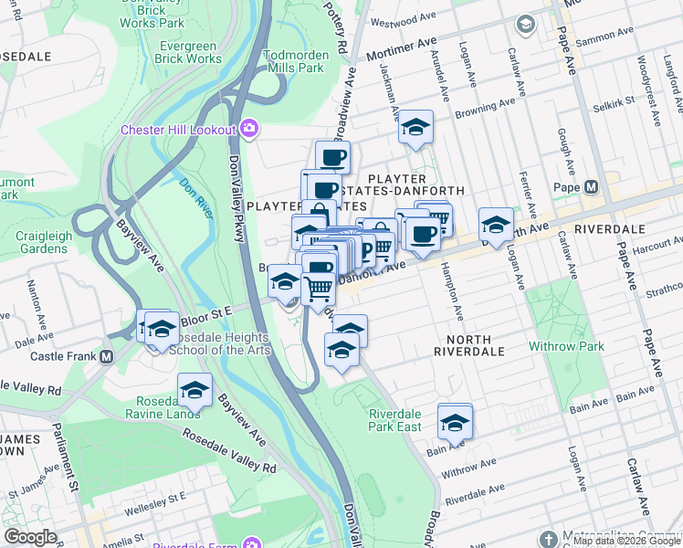 map of restaurants, bars, coffee shops, grocery stores, and more near 4117 Erindale Avenue in Toronto