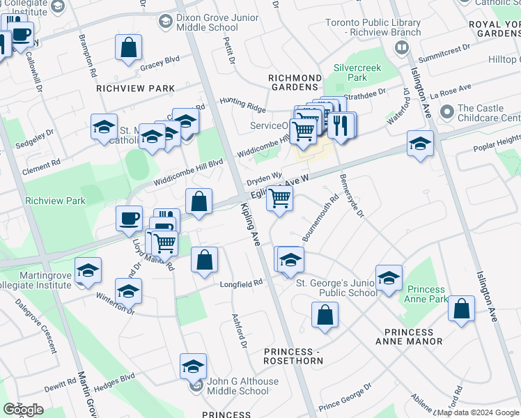 map of restaurants, bars, coffee shops, grocery stores, and more near in Toronto