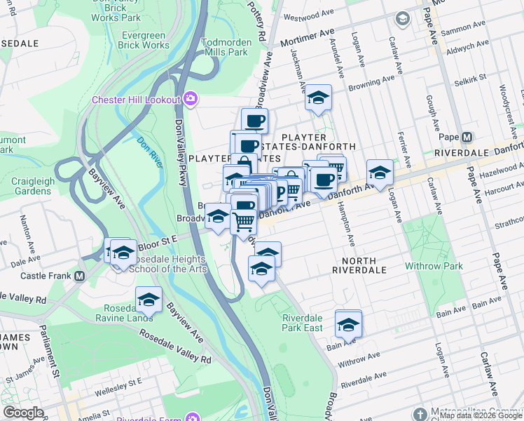 map of restaurants, bars, coffee shops, grocery stores, and more near 158 Danforth Avenue in Toronto