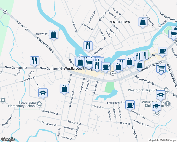 map of restaurants, bars, coffee shops, grocery stores, and more near 888 Main Street in Westbrook