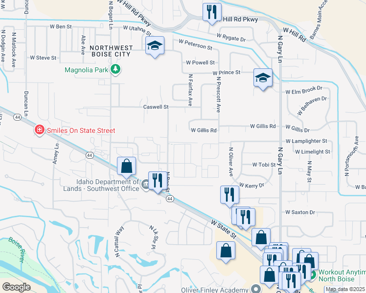 map of restaurants, bars, coffee shops, grocery stores, and more near 6220 North Roe Street in Boise
