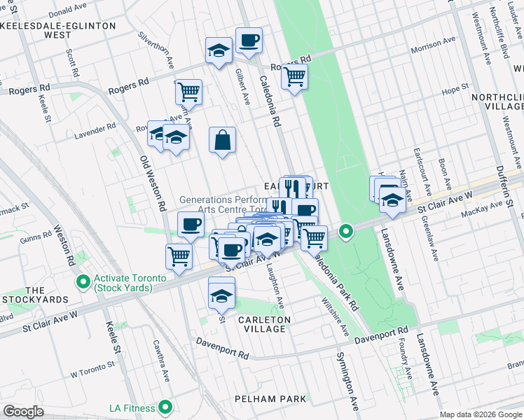 map of restaurants, bars, coffee shops, grocery stores, and more near 78 Prescott Avenue in Toronto