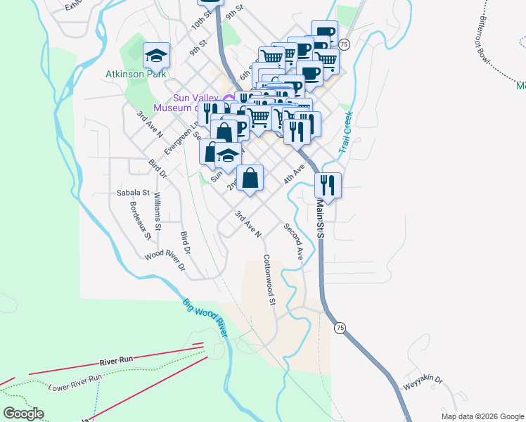 map of restaurants, bars, coffee shops, grocery stores, and more near 200 River Street in Ketchum