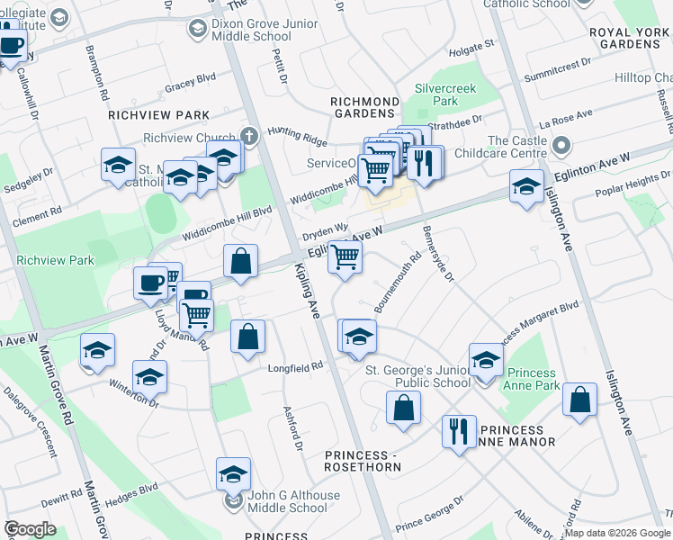 map of restaurants, bars, coffee shops, grocery stores, and more near 5 Cheviot Place in Toronto