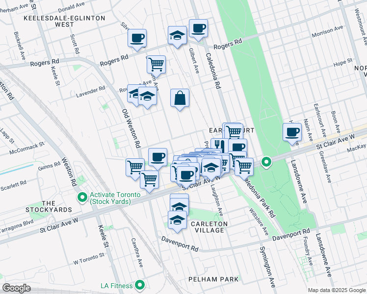 map of restaurants, bars, coffee shops, grocery stores, and more near 24 Howick Avenue in Toronto