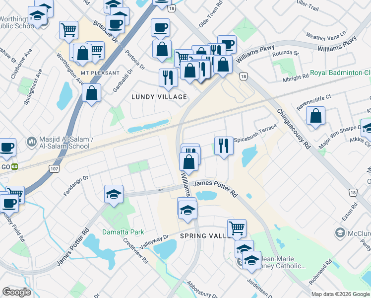 map of restaurants, bars, coffee shops, grocery stores, and more near 69 Crystal Glen Crescent in Brampton
