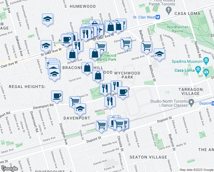 map of restaurants, bars, coffee shops, grocery stores, and more near 509 Christie Street in Toronto