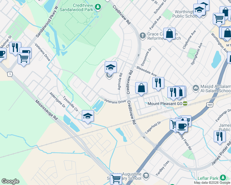 map of restaurants, bars, coffee shops, grocery stores, and more near 3 Arkwright Drive in Brampton