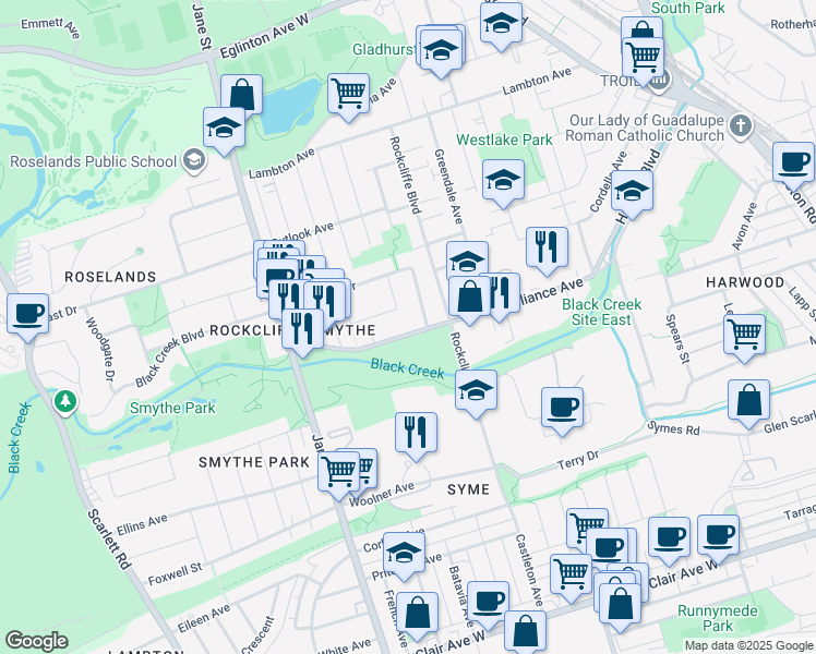 map of restaurants, bars, coffee shops, grocery stores, and more near 572 Alliance Avenue in Toronto