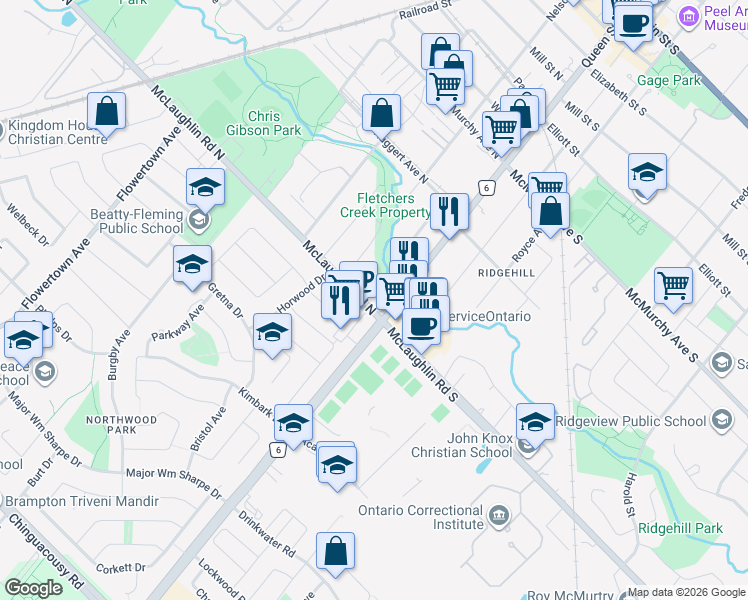 map of restaurants, bars, coffee shops, grocery stores, and more near 3 McLaughlin Road North in Brampton