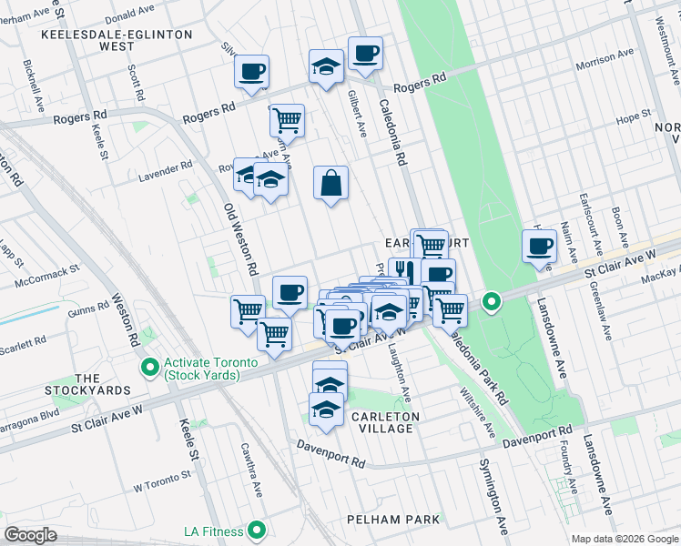 map of restaurants, bars, coffee shops, grocery stores, and more near 16 Howick Avenue in Toronto