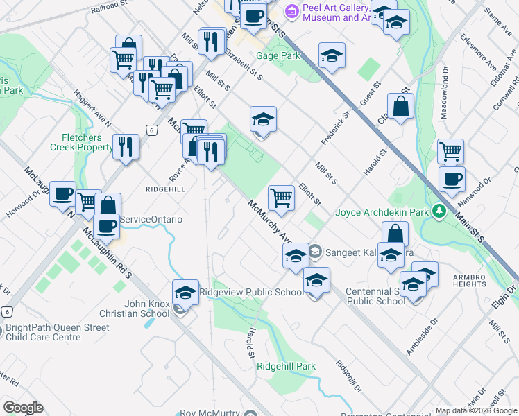 map of restaurants, bars, coffee shops, grocery stores, and more near 52 McMurchy Avenue South in Brampton