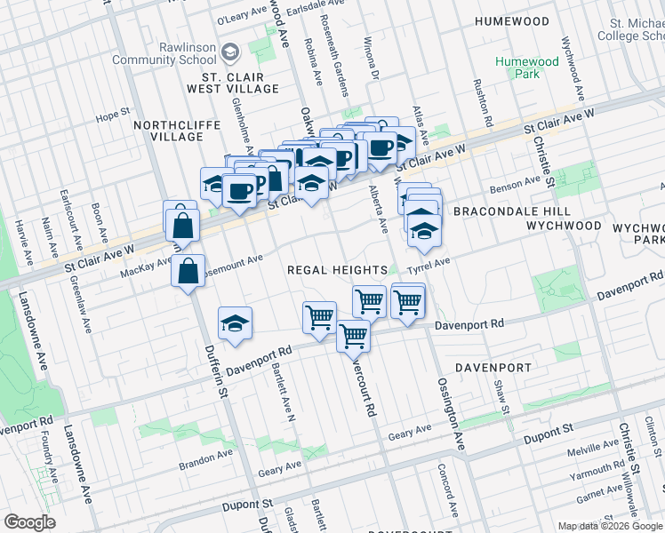 map of restaurants, bars, coffee shops, grocery stores, and more near 15 Highview Crescent in Toronto
