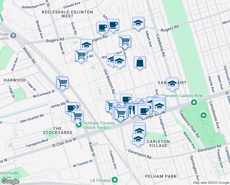 map of restaurants, bars, coffee shops, grocery stores, and more near 134 Rockwell Avenue in Toronto