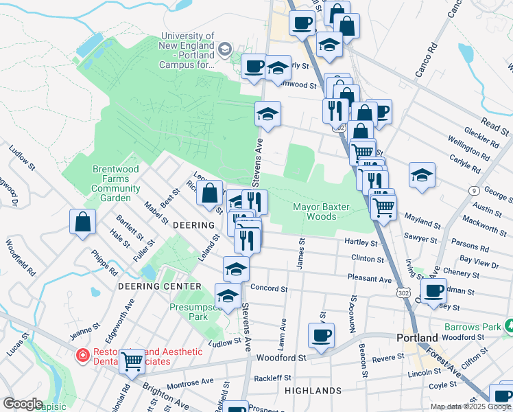 map of restaurants, bars, coffee shops, grocery stores, and more near 533 Stevens Avenue in Portland