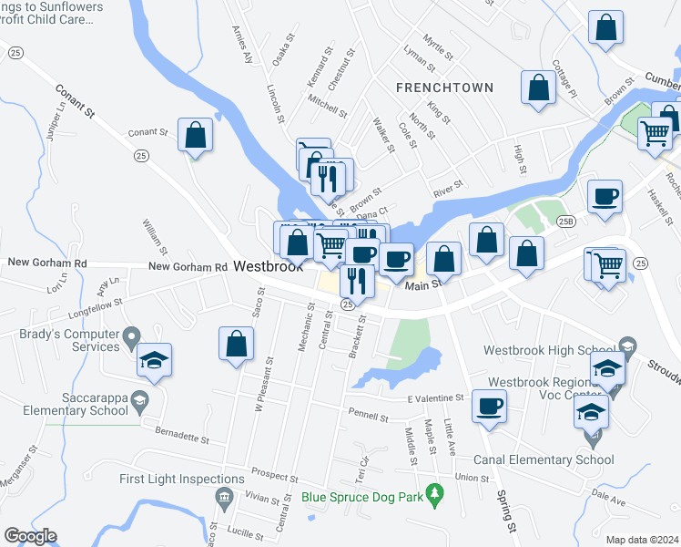 map of restaurants, bars, coffee shops, grocery stores, and more near 888 Main Street in Westbrook