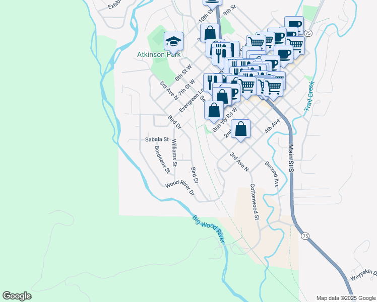 map of restaurants, bars, coffee shops, grocery stores, and more near 222 Bird Drive in Ketchum