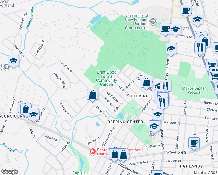 map of restaurants, bars, coffee shops, grocery stores, and more near 46 Hamblet Avenue in Portland