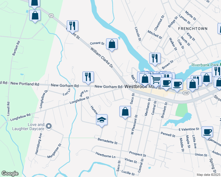 map of restaurants, bars, coffee shops, grocery stores, and more near 70 New Gorham Road in Westbrook