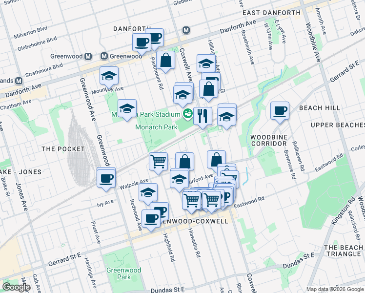 map of restaurants, bars, coffee shops, grocery stores, and more near 823 Craven Road in Toronto